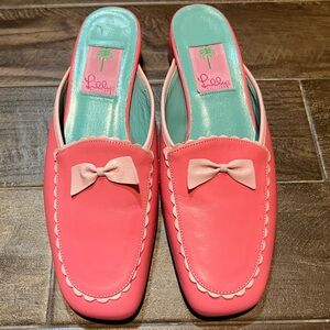 Vintage Lilly Pulitzer pink bow Leather Block Heel Mule Loafers womens 7